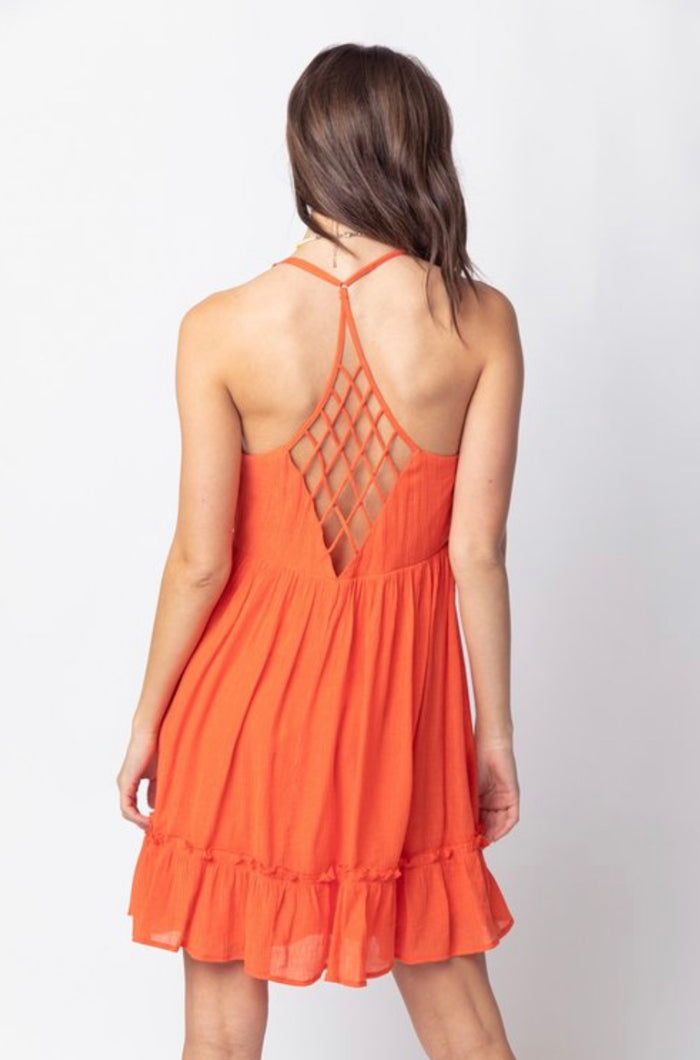 Orange Spaghetti Strap Woven Lattice Open Back Dress