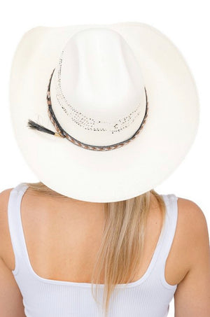 Ivory Western Cowgirl Vegan Leather Straw Hat.