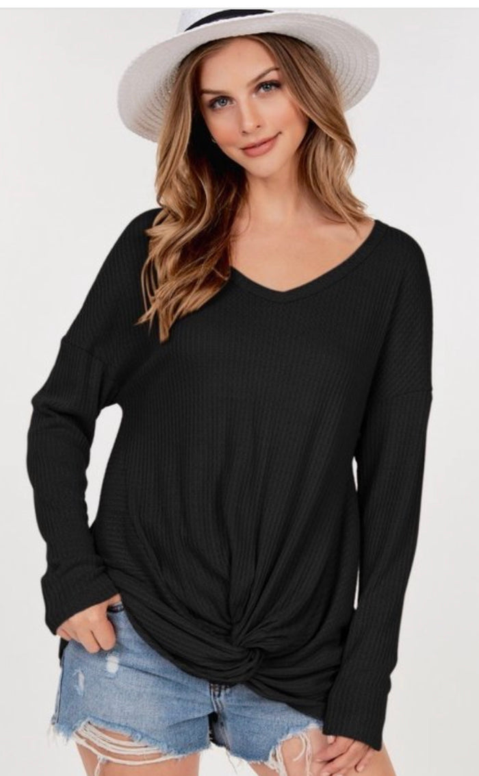 Black Waffle Knit Long Sleeve Sweater Top