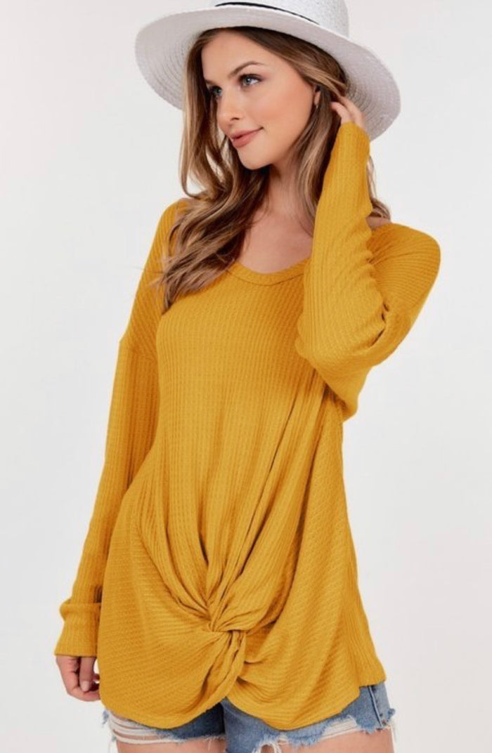 Mustard Waffle Knit Long Sleeve Sweater Top