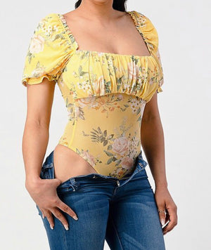 Yellow Floral Puff Sleeve Bodysuit