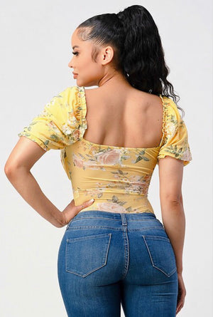 Yellow Floral Puff Sleeve Bodysuit