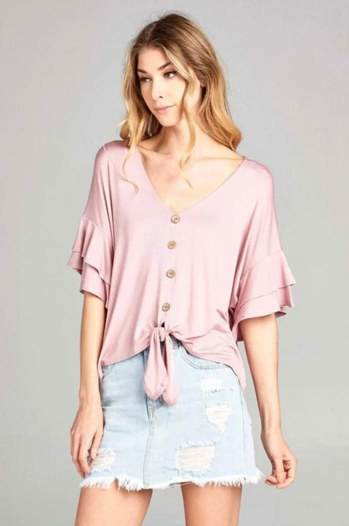 Light Pink Solid Jersey V-Neck Top