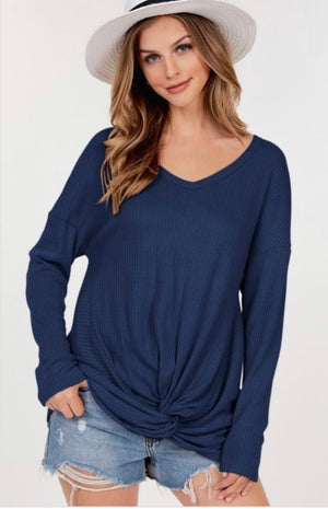 Navy Waffle Knit Long Sleeve Sweater Top