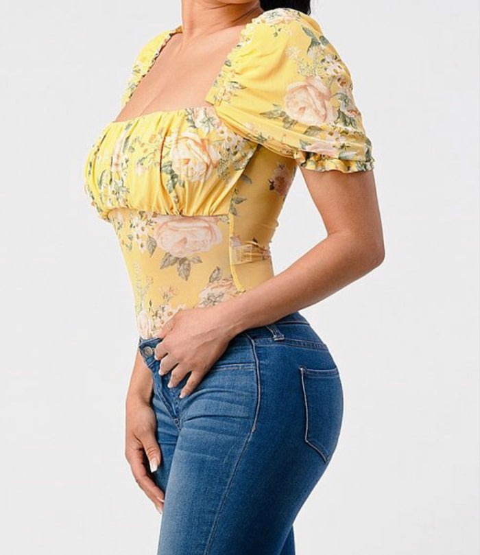 Yellow Floral Puff Sleeve Bodysuit