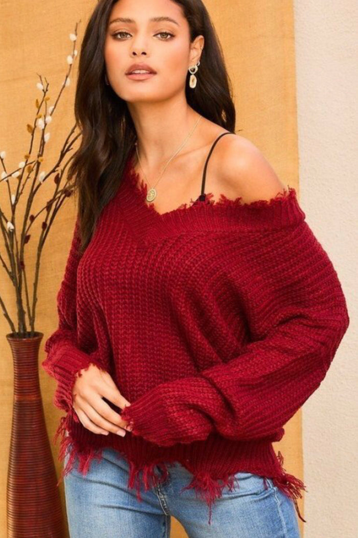 Burgundy Frayed Sweater